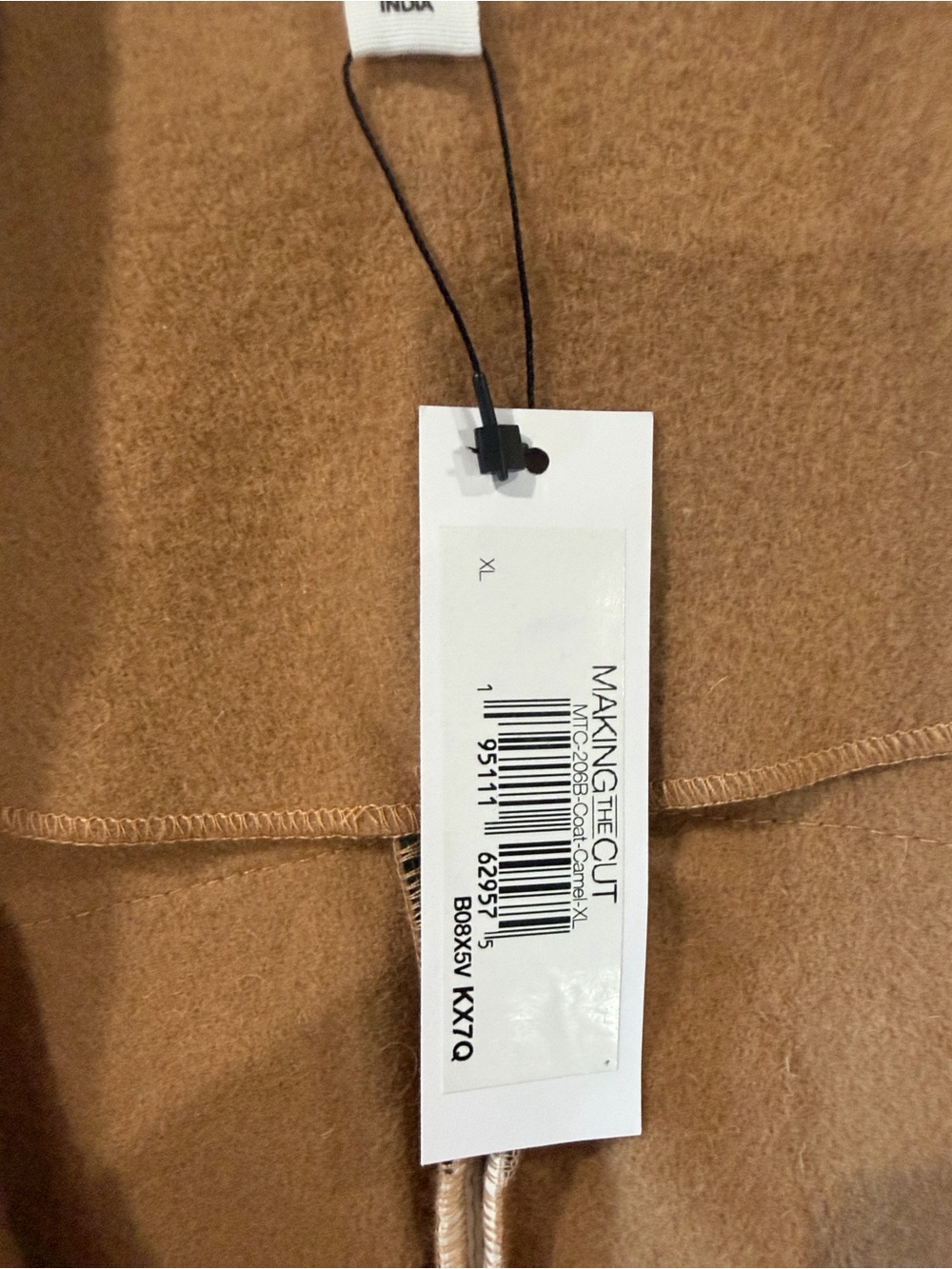 Womens Camel Belted Long Coat with Black & Cream Trim - Picture 6 of 7